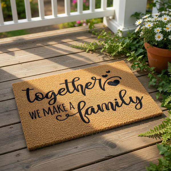 Together We Make A Family coir doormat with black script text and heart accents, this natural fiber welcome mat is a durable front porch rug for home entryways that adds a warm, inviting touch to your house decor and entryway