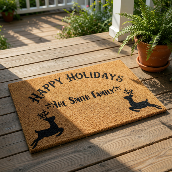 Personalized Happy Holidays family doormat featuring a festive reindeer design on natural coir fiber, this custom Christmas welcome mat is a durable outdoor rug for your front porch decor during the winter holiday season.