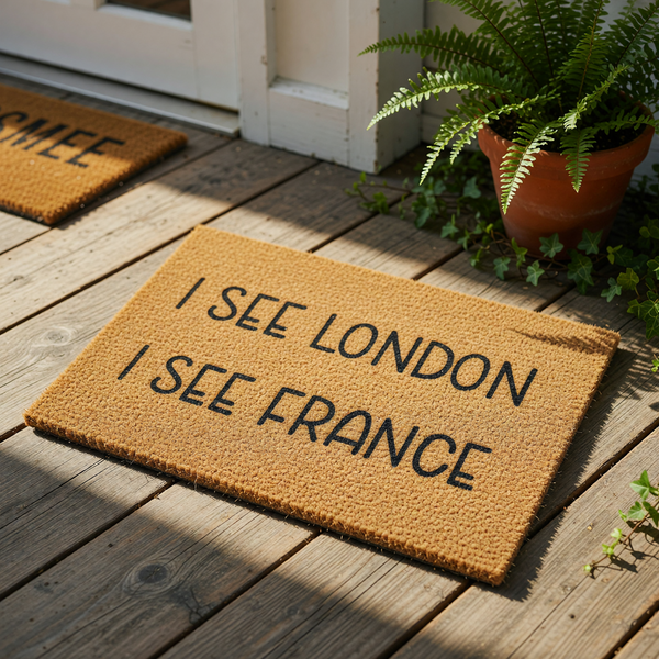 Funny doormat with the phrase I See London I See France printed in black text on a natural coir fiber welcome mat, perfect for a humorous front porch entrance or a quirky housewarming gift for a new home or apartment entryway.