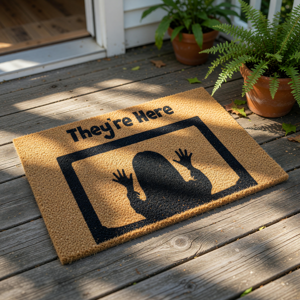 Horror movie themed doormat featuring a silhouette of a person with hands pressed against a television screen, with the text They're Here printed above, making this a spooky welcome mat for fans of scary films and home decor.