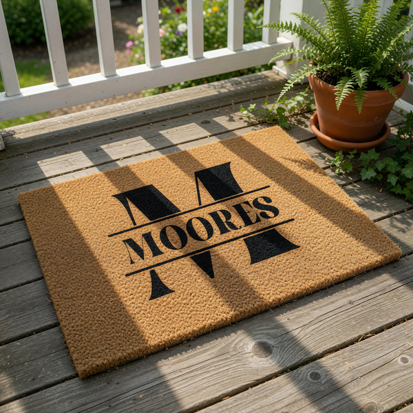 Personalized family name coir doormat featuring a large black monogram letter M with custom text in the center, perfect as a durable outdoor welcome mat for a front porch or entryway to provide a stylish and functional home