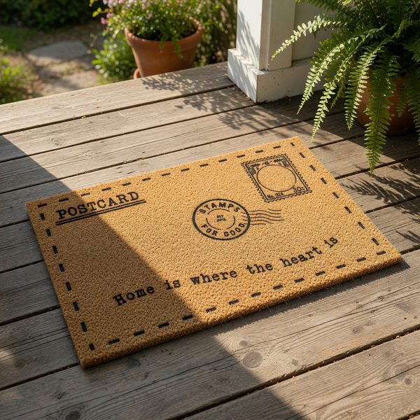 Postcard design doormat with a natural coir texture, featuring a vintage mail stamp graphic and the text Home is where the heart is, making this a stylish outdoor welcome mat for your front porch entry or housewarming decor.