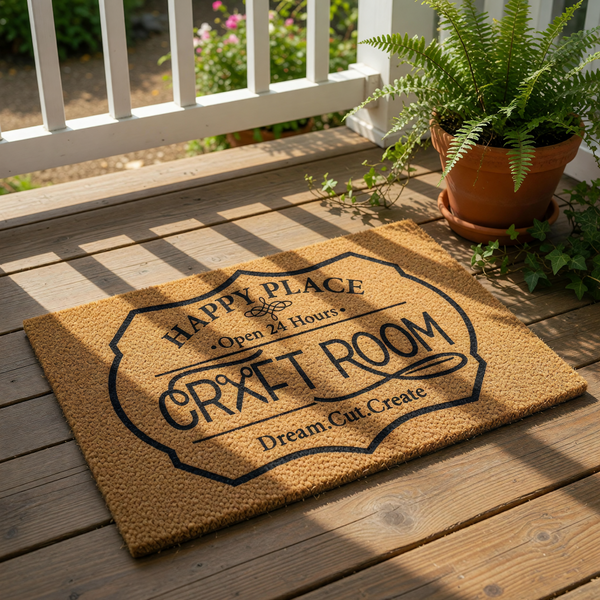 Craft room doormat with a natural coir fiber texture, featuring a black printed design that says Happy Place Craft Room and Dream Cut Create, perfect for a creative workspace, hobby room, or home studio entrance floor mat decor.
