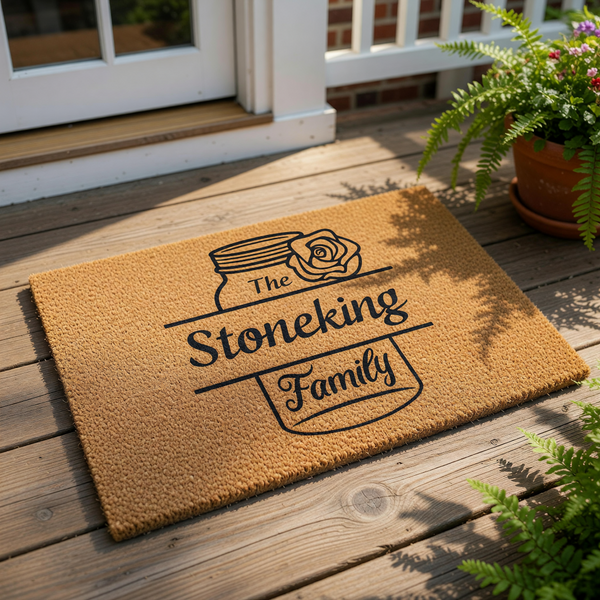 Personalized family name doormat featuring a rustic mason jar and rose design on natural coir fiber, this custom welcome mat makes a stylish front porch decor piece for any home entrance or housewarming celebration.