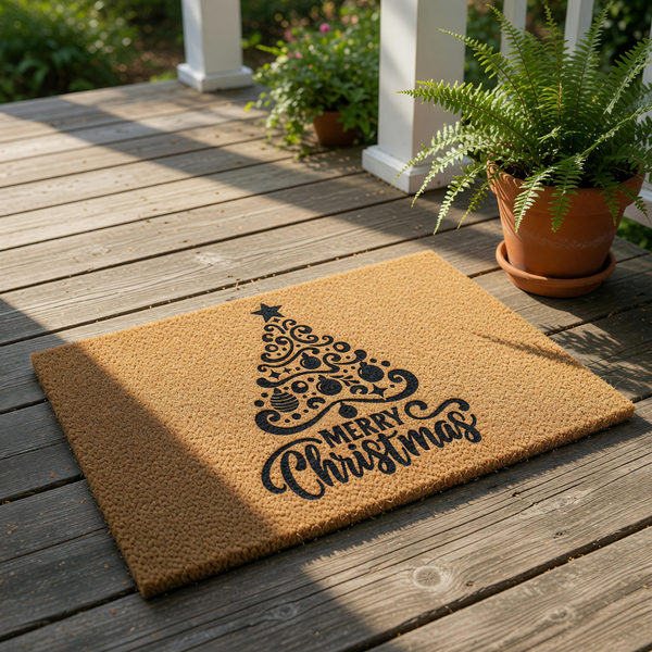 Merry Christmas doormat featuring a black decorative tree design on a natural coir fiber welcome mat, perfect for holiday porch decor and seasonal entryway floor mats to greet guests during the winter festive season.