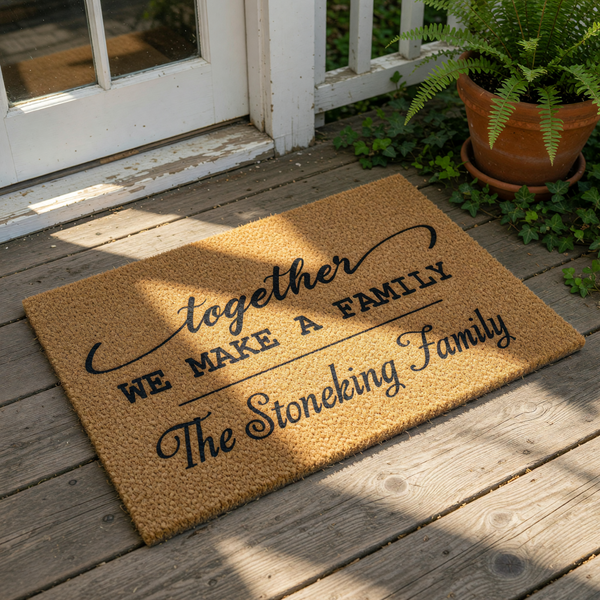 Personalized family name doormat featuring the phrase together we make a family in black script and block lettering on a natural coir fiber welcome mat, perfect for a custom housewarming gift or front porch decor for any home.