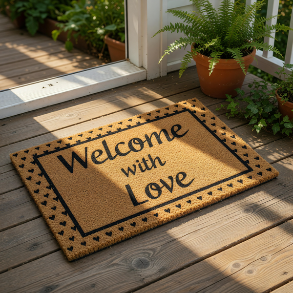 Welcome with Love coir doormat featuring a black heart border design on natural fiber, this outdoor welcome mat is a stylish front porch rug for home entryways that adds a warm, decorative touch to your house decor and entryway