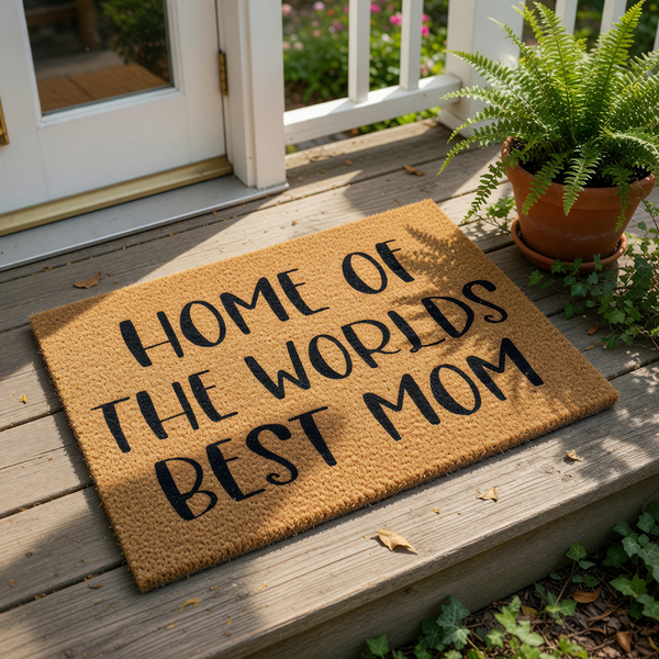 Mom doormat featuring the text Home of the Worlds Best Mom in black lettering on a natural coir fiber welcome mat, making a fun front porch decor piece for a house entrance or a thoughtful home accessory for a mother.