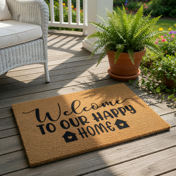 Welcome to our happy home coir doormat featuring black script and block lettering with house icons, this natural fiber welcome mat is a durable outdoor floor rug for your front porch entry and a charming housewarming decor piece.