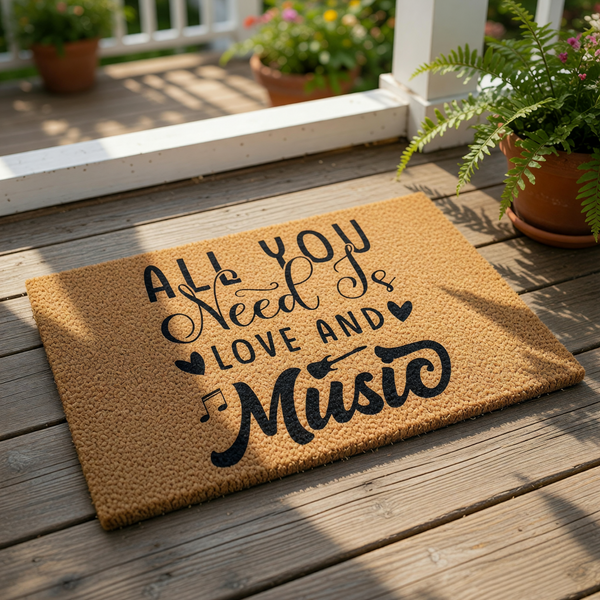 Music lover doormat featuring a natural coir fiber welcome mat with black text that reads All You Need Is Love And Music, perfect for a musician home entrance, front porch decor, or a unique housewarming gift for music fans.