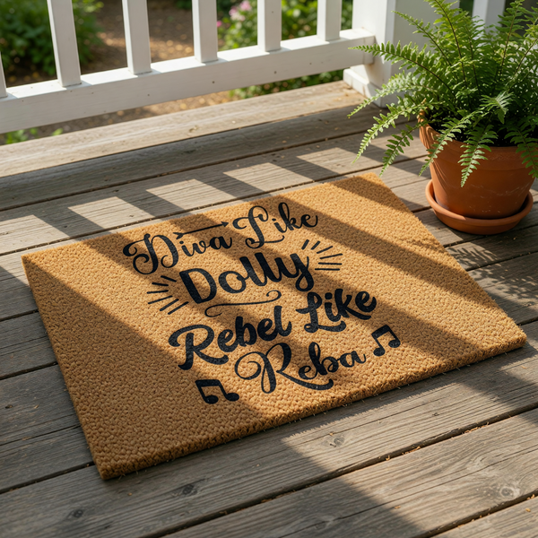 Country music themed coir doormat featuring bold black text that reads Diva Like and Rebel Like with musical notes, making a stylish outdoor welcome mat for front porch decor that celebrates iconic country singers and music fans.