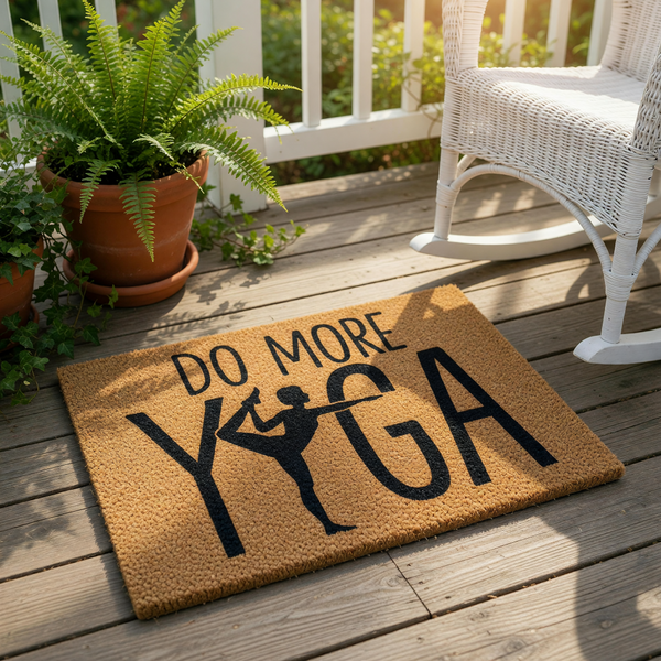 Do More Yoga coir doormat with a black silhouette of a person in a yoga pose replacing the letter O, this natural fiber welcome mat is a funny home decor piece for yoga lovers and fitness enthusiasts looking for a unique entryway