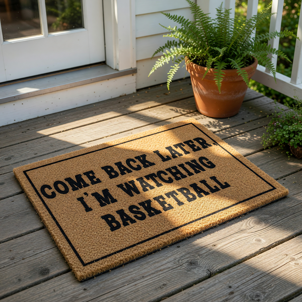 Basketball fan doormat with funny quote Come Back Later I'm Watching Basketball printed in black on a natural coir fiber welcome mat, a humorous front porch decor piece for sports lovers and home entryway floor mats.
