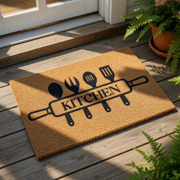 Kitchen doormat with a rolling pin and cooking utensils design, this natural coir fiber welcome mat features a black printed graphic for home decor, perfect as a front door rug or entry floor mat for any cooking enthusiast's