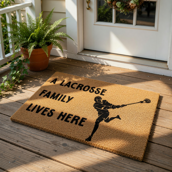 Lacrosse family doormat featuring a player silhouette and the text A Lacrosse Family Lives Here, this natural coir welcome mat is a durable outdoor floor rug for sports fans and makes a fun front porch decor for any lacrosse home.