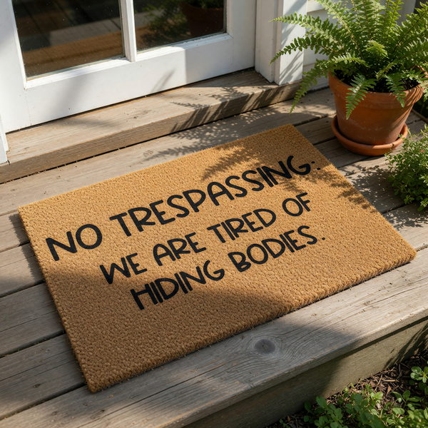 Funny doormat with the text No Trespassing We Are Tired Of Hiding Bodies printed in black on a natural coir fiber welcome mat, perfect for a humorous front porch decor or a sarcastic housewarming entry rug for your home entrance.