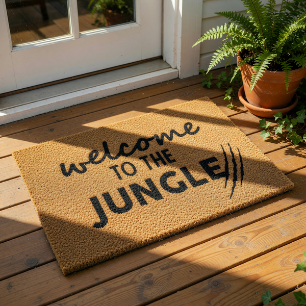 Welcome to the jungle coir doormat with black text and claw mark design, this natural fiber outdoor welcome mat is a funny front porch rug for housewarming decor and a unique entryway floor mat for any home with a wild plant