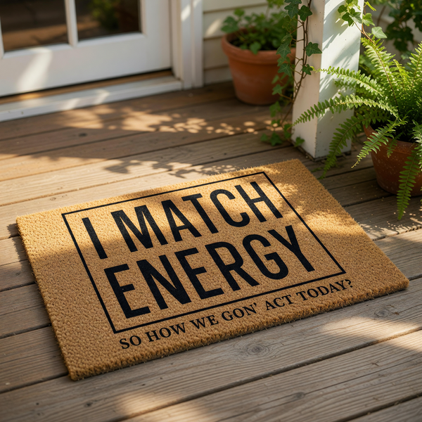 I Match Energy funny doormat with bold black text on a natural coir fiber welcome mat, featuring a sarcastic quote for your front porch decor that makes a sassy housewarming entry rug for any home or apartment entrance.