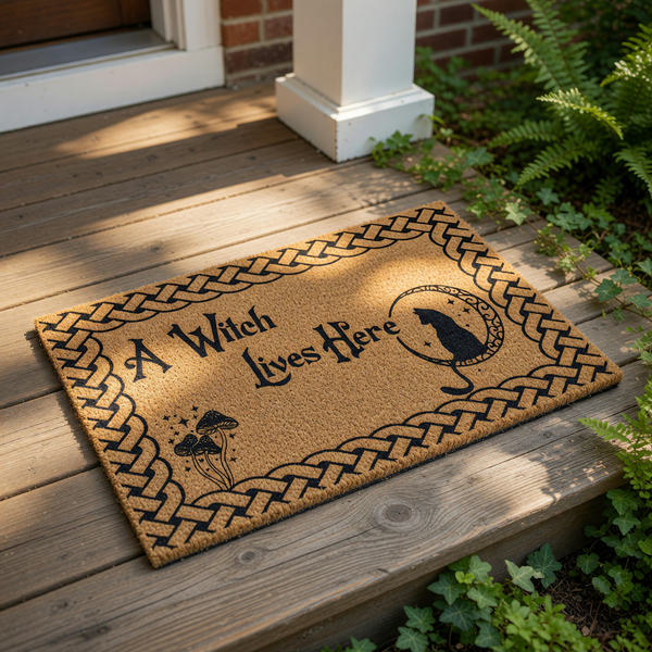 Witchy welcome doormat featuring a black cat on a crescent moon and mushroom design, this natural coir fiber outdoor rug has a braided border and says A Witch Lives Here for spooky home decor or a fun front porch entrance mat.