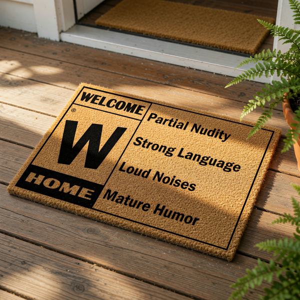 Funny welcome doormat with mature humor warning labels, featuring a large letter W and text about partial nudity, strong language, and loud noises on a natural coir fiber mat for a sarcastic front porch or entryway decor