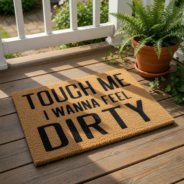 Funny doormat with the text Touch Me I Wanna Feel Dirty printed in bold black letters on a natural coir fiber welcome mat, perfect for a humorous front porch entrance or a cheeky housewarming gift for a home with a sense of humor.