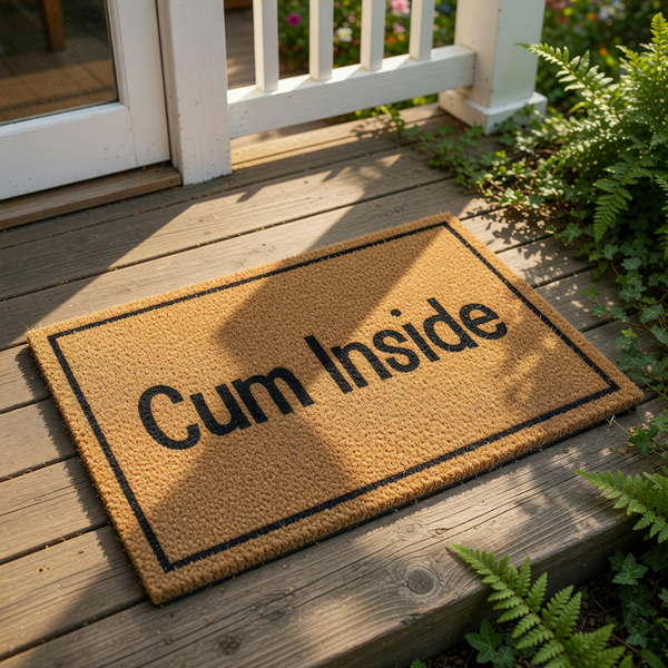 Funny Cum Inside doormat with bold black text on a natural coir fiber welcome mat, featuring a simple rectangular border design for a humorous entryway rug that makes a cheeky statement for your front porch or home decor.