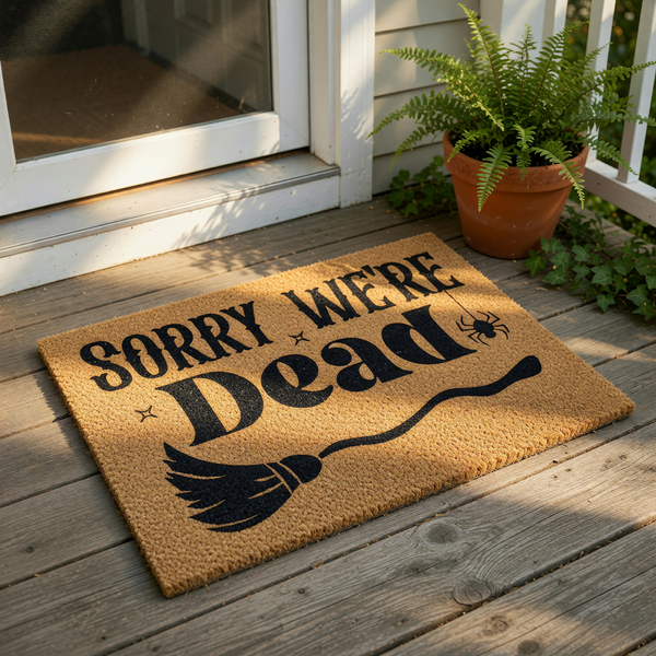Sorry We're Dead Halloween doormat featuring a spooky broom and spider design on natural coir fiber, this funny front porch welcome mat is a stylish seasonal home decor piece for your entryway during the autumn holiday season.