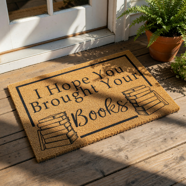 Book lover doormat with I Hope You Brought Your Books text and stacks of books illustration, this natural coir fiber welcome mat is a funny front porch rug for readers, librarians, and home decor for bookish entryways and