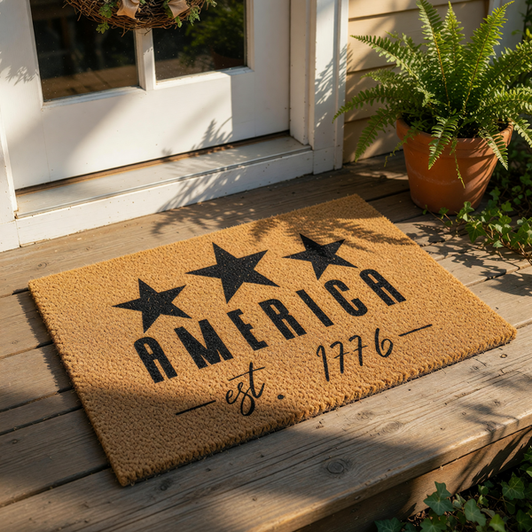Patriotic America est 1776 coir doormat featuring three black stars and bold typography on a natural fiber welcome mat, perfect for a front porch entry, farmhouse decor, or a rustic outdoor entrance for a house or apartment home.