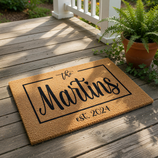 Personalized family name coir doormat featuring a modern rectangular frame design with custom text and established year, perfect as a custom housewarming welcome mat for a front porch or entryway decor in a natural fiber finish.