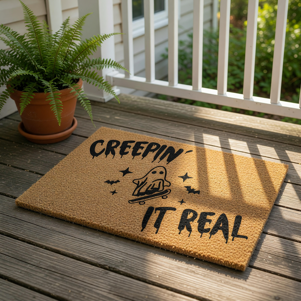 Halloween ghost doormat with Creepin It Real text, featuring a cute spooky ghost on a skateboard design on natural coir fiber, this funny fall welcome mat is a festive outdoor rug for your front porch decor during the autumn