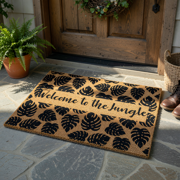 Welcome to the Jungle coir doormat featuring a natural brown fiber texture and a repeating pattern of black monstera tropical leaves, centered with the phrase Welcome to the Jungle in a stylish black script font on a white