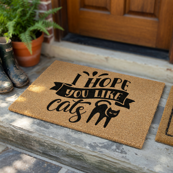 Cat Lover Coir Doormat featuring a natural tan fiber texture and bold black text that reads I Hope You Like Cats, accompanied by a cute black cat silhouette illustration for a fun and welcoming entryway decor piece for any pet
