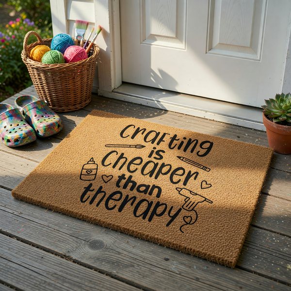 Crafting Is Cheaper Than Therapy coir doormat featuring black text and cute illustrations of a paintbrush, pencil, glue bottle, and hot glue gun on a natural brown fiber background, perfect for a creative person's home entryway