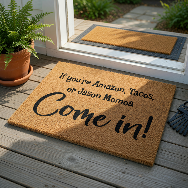 Funny Doormat with text that reads If you are Amazon, Tacos, or Jason Momoa Come in, featuring bold black lettering printed on a natural brown coir fiber mat against a clean white background for a humorous entryway decor