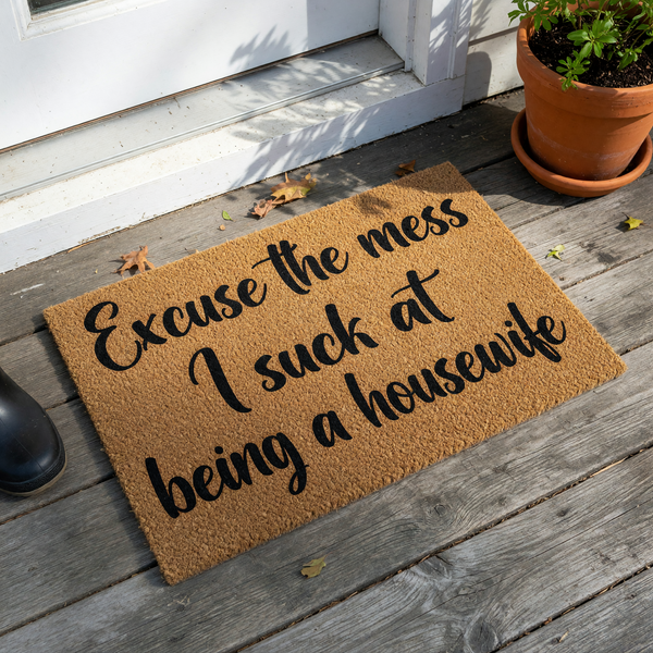 Funny Excuse the Mess I Suck at Being a Housewife doormat featuring bold black script lettering printed on a natural tan coir fiber mat, providing a humorous and welcoming touch to any front porch or entryway decor.