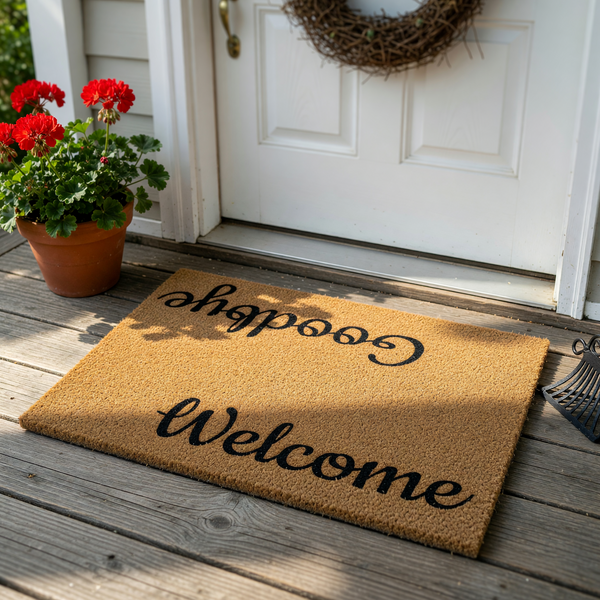 Reversible Welcome and Goodbye coir doormat featuring a natural tan fiber texture with bold black script lettering, designed to greet guests at the front door and offer a friendly farewell as they leave your home on a clean white