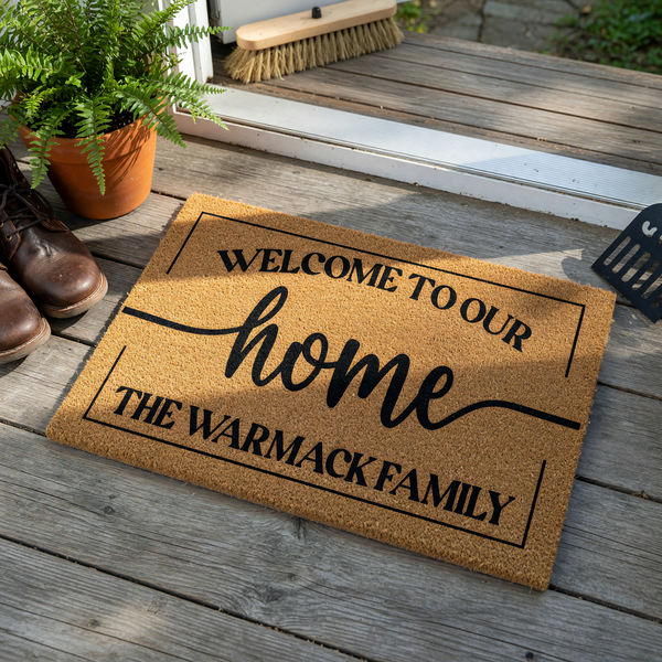 Personalized family name coir doormat featuring a natural tan fiber texture and black printed text that reads Welcome to our home with a space below for a custom family name, set against a clean white background for a modern