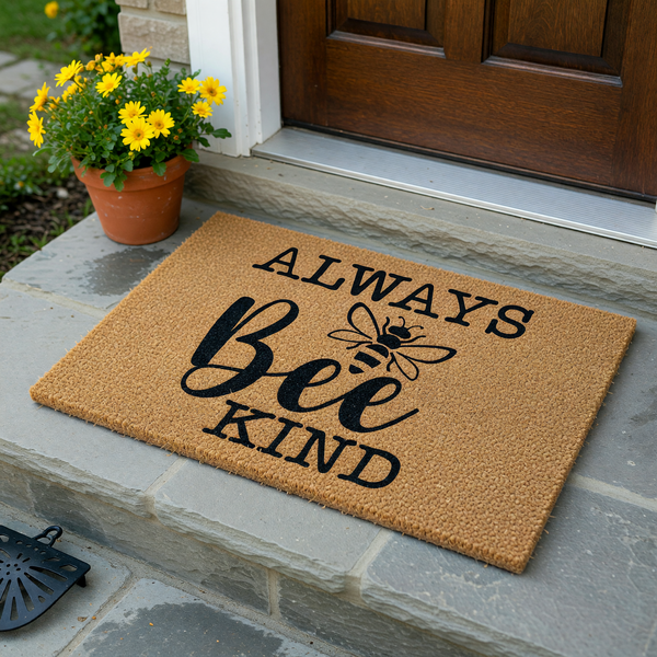 Always Bee Kind coir doormat featuring a natural brown fiber texture and bold black lettering with a cute bumblebee illustration, creating a welcoming and cheerful entrance decor piece for your front porch or home entryway.