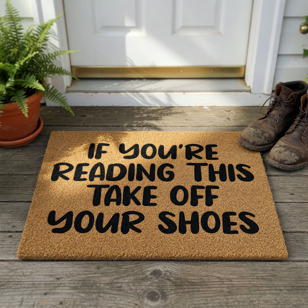 Funny Welcome Doormat with the text If You Are Reading This Take Off Your Shoes printed in bold black letters on a natural brown coir fiber mat, creating a humorous and functional entryway decor piece for your home front porch.