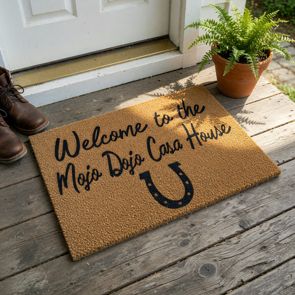 Mojo Dojo Casa House welcome doormat featuring a natural coir fiber texture and bold black text with a horseshoe icon, creating a fun and trendy entryway floor mat for any home that celebrates a unique and playful sense of style.