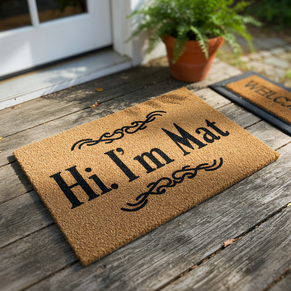 Hi I'm Mat funny coir doormat featuring a humorous pun printed in bold black lettering on a natural tan fiber background, accented with decorative scrollwork flourishes above and below the text for a welcoming front porch