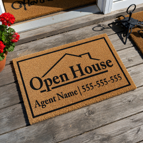 Personalized Real Estate Open House Doormat featuring a natural coir texture with a black house outline graphic, custom agent name, and contact phone number printed in a professional serif font on a clean white background.