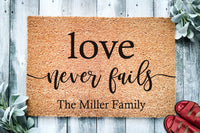 Love Never Fails Custom Family Name Doormat | Housewarming Gift | Wedding Gift | Custom Doormat | Personalized Doormat | Closing Gift