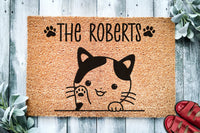 Cute Calico Cat Personalized Doormat | Waving Cat | Custom Doormat | Welcome Mat | Housewarming | Last Name Doormat | Closing Gift