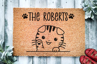 Cute Happy Tabby Cat Scottish Fold Personalized Doormat | Custom Doormat | Welcome Mat | Housewarming | Last Name Doormat | Closing Gift