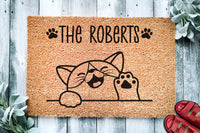 Happy Waving Cute Cat Personalized Doormat | Adorable Cat | Custom Doormat | Welcome Mat | Housewarming | Last Name Doormat | Closing Gift