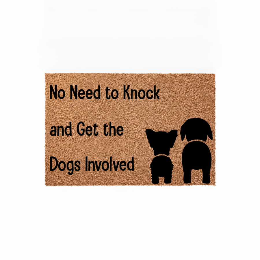 No Need to Knock and Get the Dogs Involved coir doormat featuring a humorous message in black text and silhouettes of two small dogs on a natural brown textured background, perfect for any pet lover's front porch entryway decor.