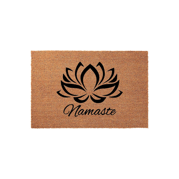 Namaste lotus flower coir doormat featuring a natural brown fiber texture with a bold black graphic of a blooming lotus and the word Namaste in a cursive script, creating a welcoming entryway accent for any yoga or meditation