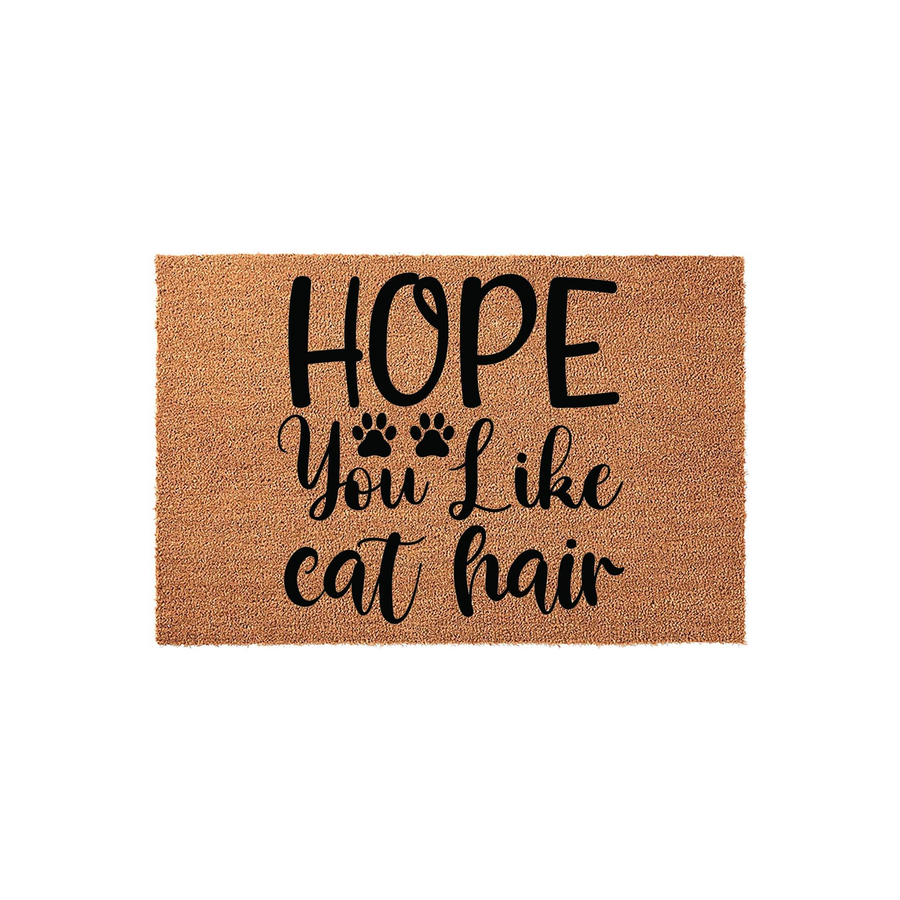 Funny Cat Lover Doormat featuring a natural coir texture with bold black text that reads Hope You Like Cat Hair, accented by two small paw prints, making it a humorous welcome mat for any home with a feline friend.